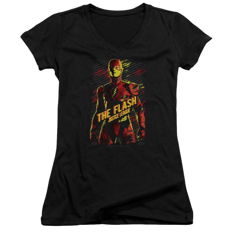 Justice League Movie the Flash Junior Sheer Cap Sleeve V-Neck Womens T Shirt Black