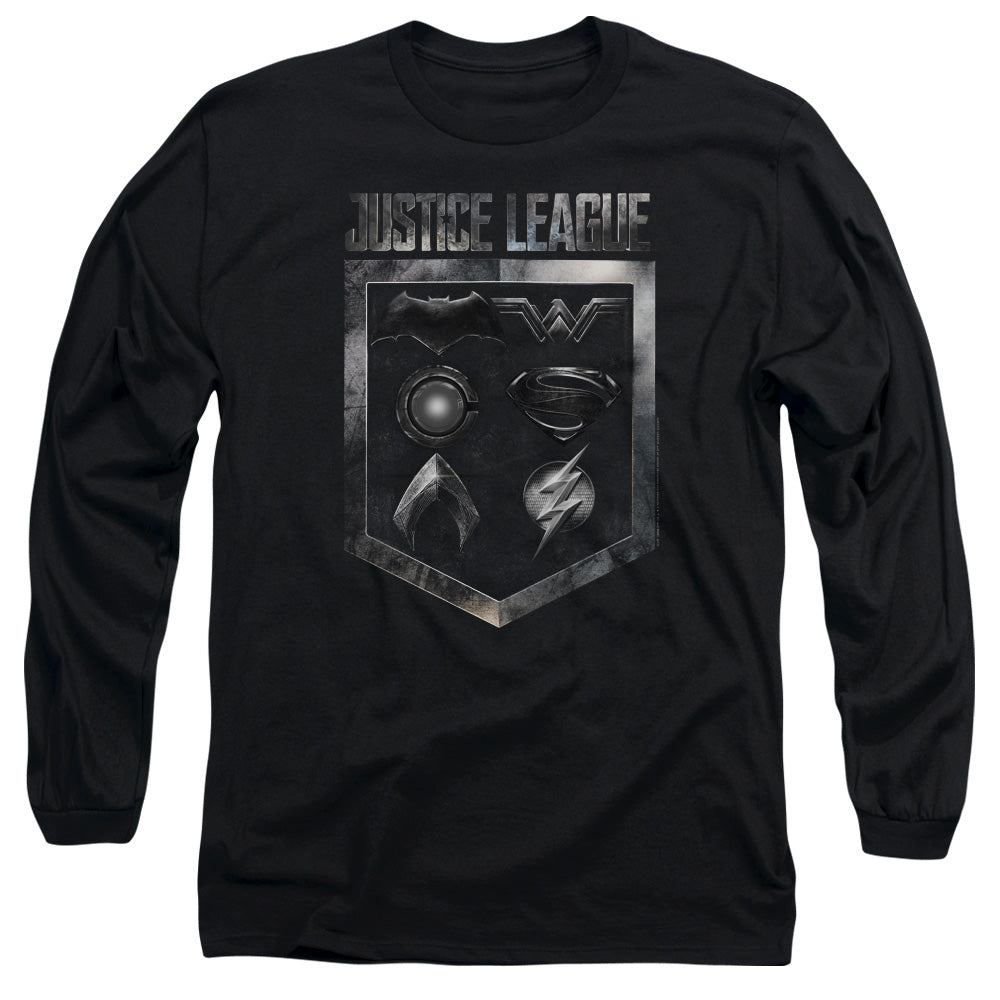 Justice League Movie Shield of Emblems Mens Long Sleeve Shirt Black