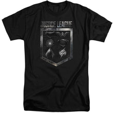 Load image into Gallery viewer, Justice League Movie Shield of Emblems Mens Tall T Shirt Black