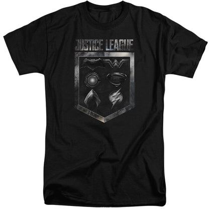 Justice League Movie Shield Of Emblems Mens Tall T Shirt Black Officially Licensed