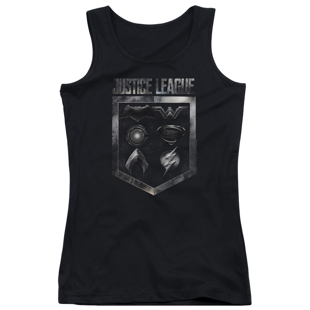 Justice League Movie Shield of Emblems Womens Tank Top Shirt Black