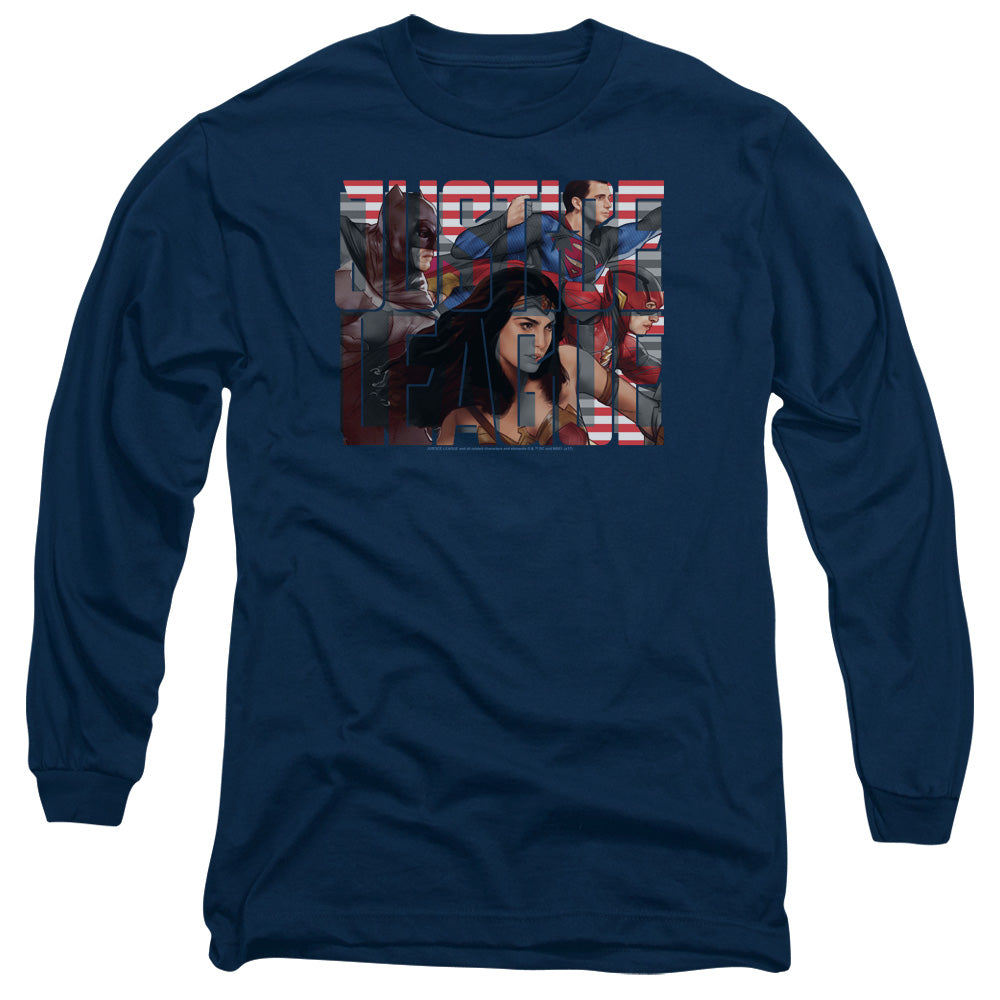 Justice League Movie Rally Mens Long Sleeve Shirt Navy Blue