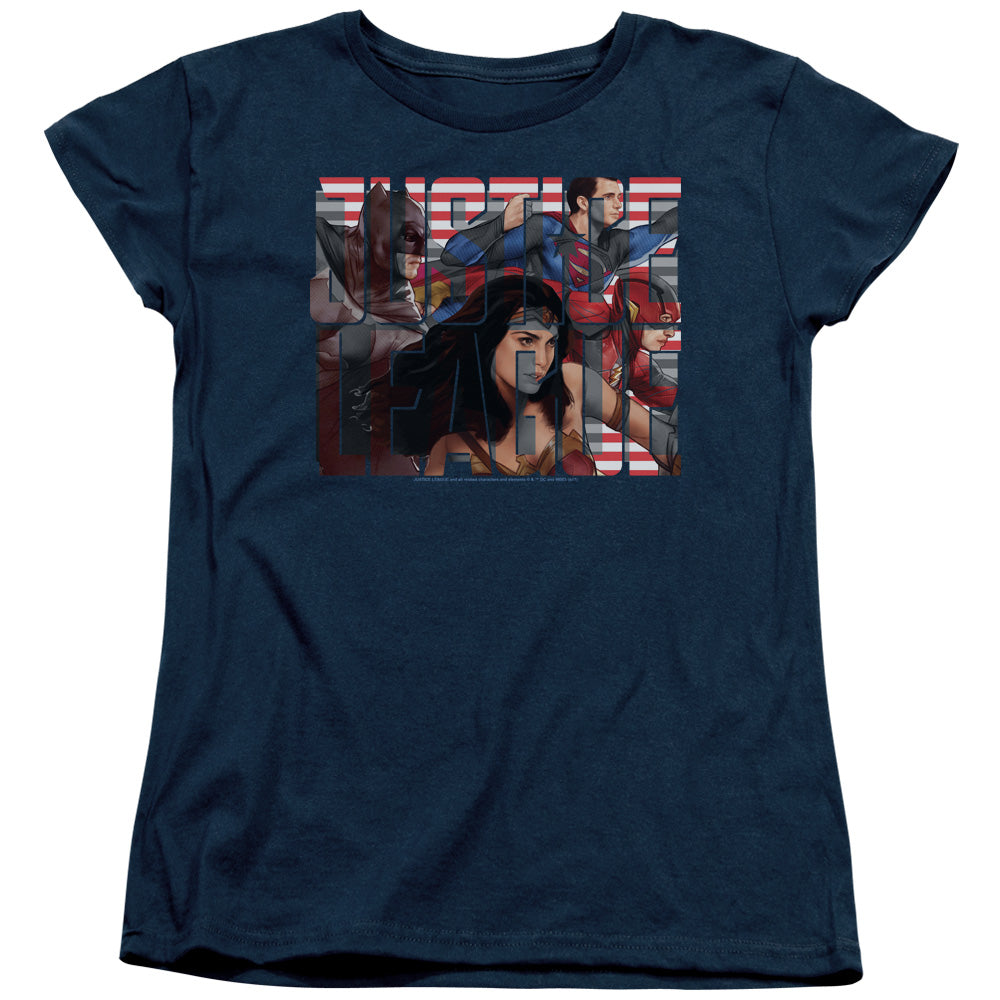Justice League Movie Rally Womens T Shirt Navy Blue