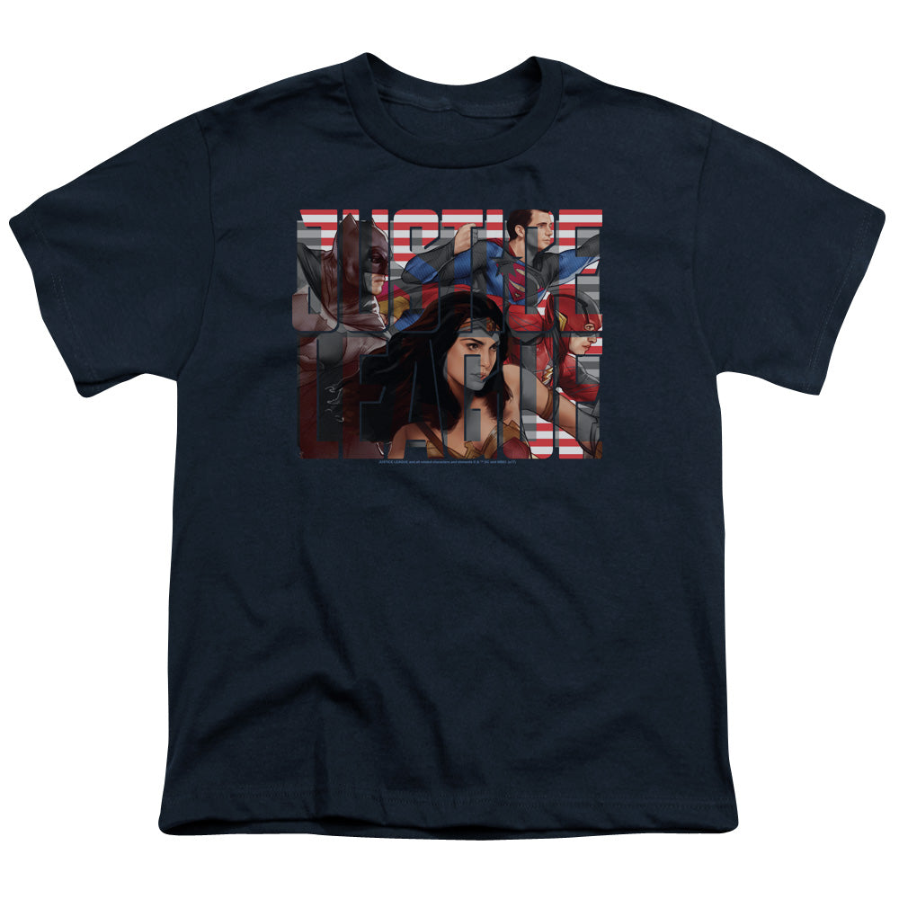 Justice League Movie Rally Kids Youth T Shirt Navy Blue