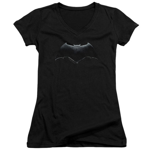 Justice League Movie Batman Logo Junior Sheer Cap Sleeve V-Neck Womens T Shirt Black