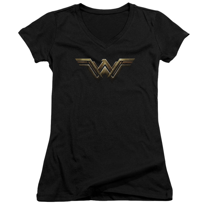 Justice League Movie Wonder Woman Logo Junior Sheer Cap Sleeve V-Neck Womens T Shirt Black