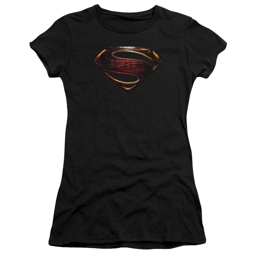 Justice League Movie Superman Logo Junior Sheer Cap Sleeve Womens T Shirt Black