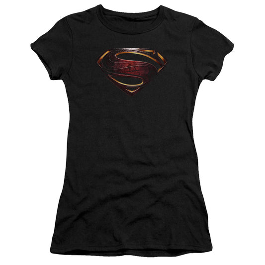 Justice League Movie Superman Logo Junior Sheer Cap Sleeve Womens T Shirt Black