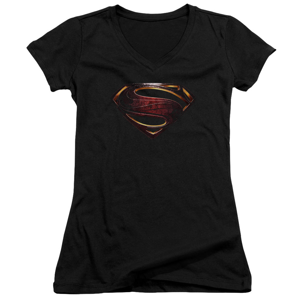 Justice League Movie Superman Logo Junior Sheer Cap Sleeve V-Neck Womens T Shirt Black