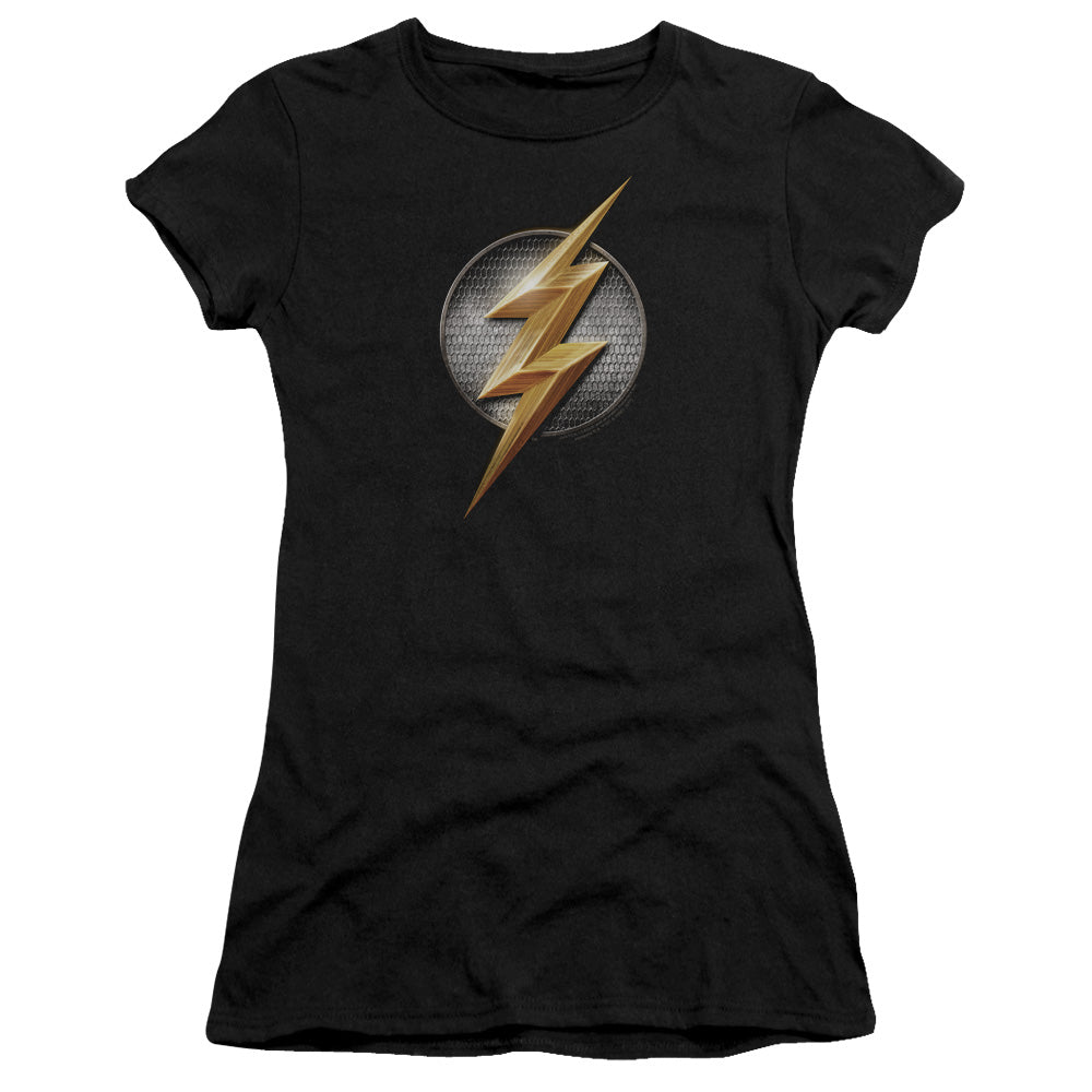 Justice League Movie Flash Logo Junior Sheer Cap Sleeve Womens T Shirt Black