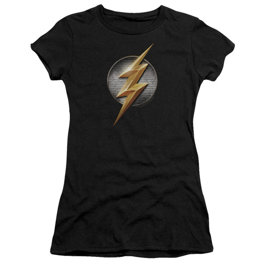 Justice League Movie Flash Logo Junior Sheer Cap Sleeve Womens T Shirt Black