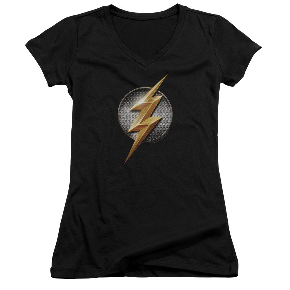 Justice League Movie Flash Logo Junior Sheer Cap Sleeve V-Neck Womens T Shirt Black