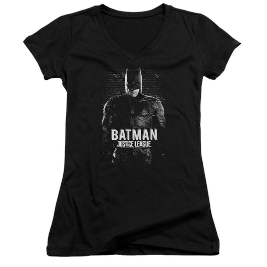 Justice League Movie Batman Junior Sheer Cap Sleeve V-Neck Womens T Shirt Black