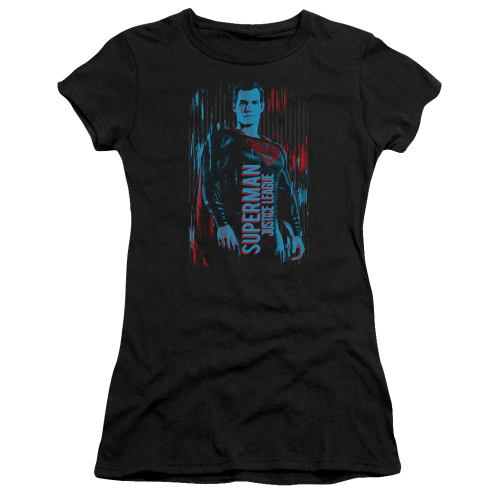 Justice League Movie Superman Junior Sheer Cap Sleeve Womens T Shirt Black