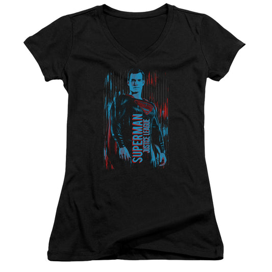 Justice League Movie Superman Junior Sheer Cap Sleeve V-Neck Womens T Shirt Black