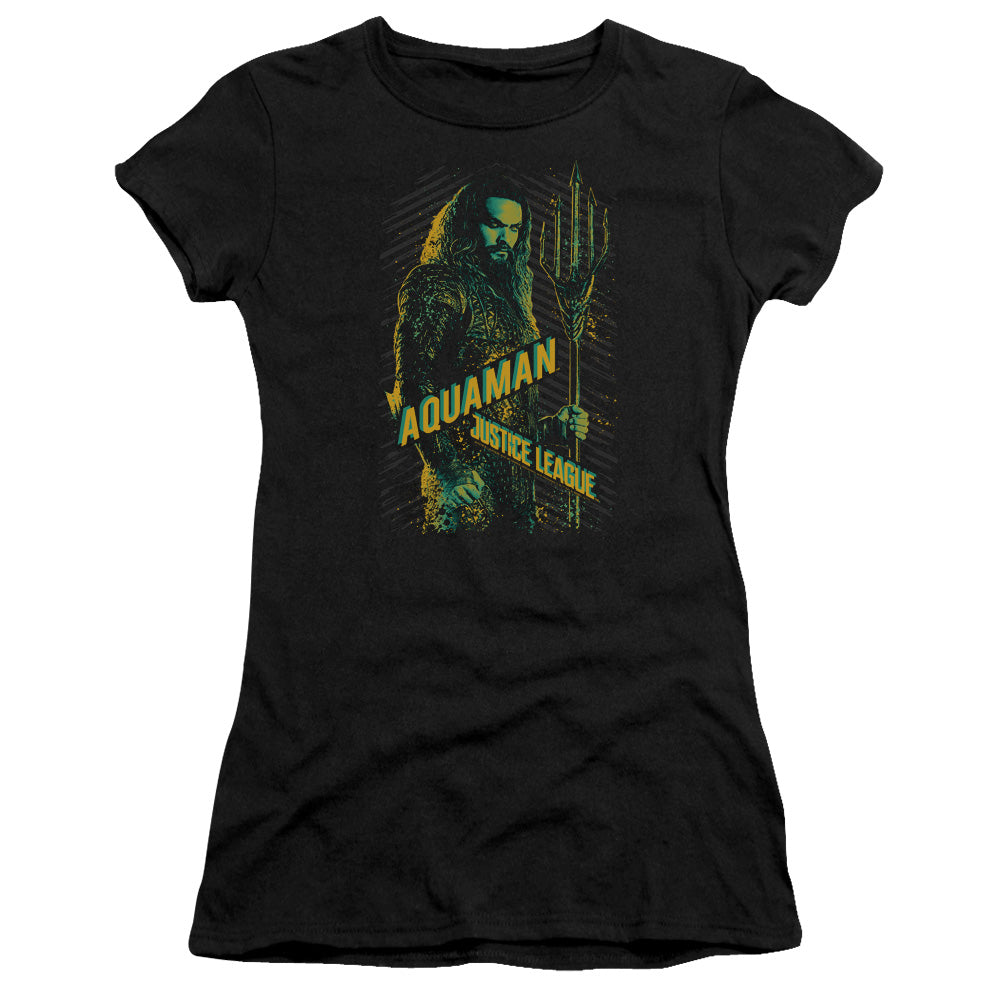 Justice League Movie Aquaman Junior Sheer Cap Sleeve Womens T Shirt Black