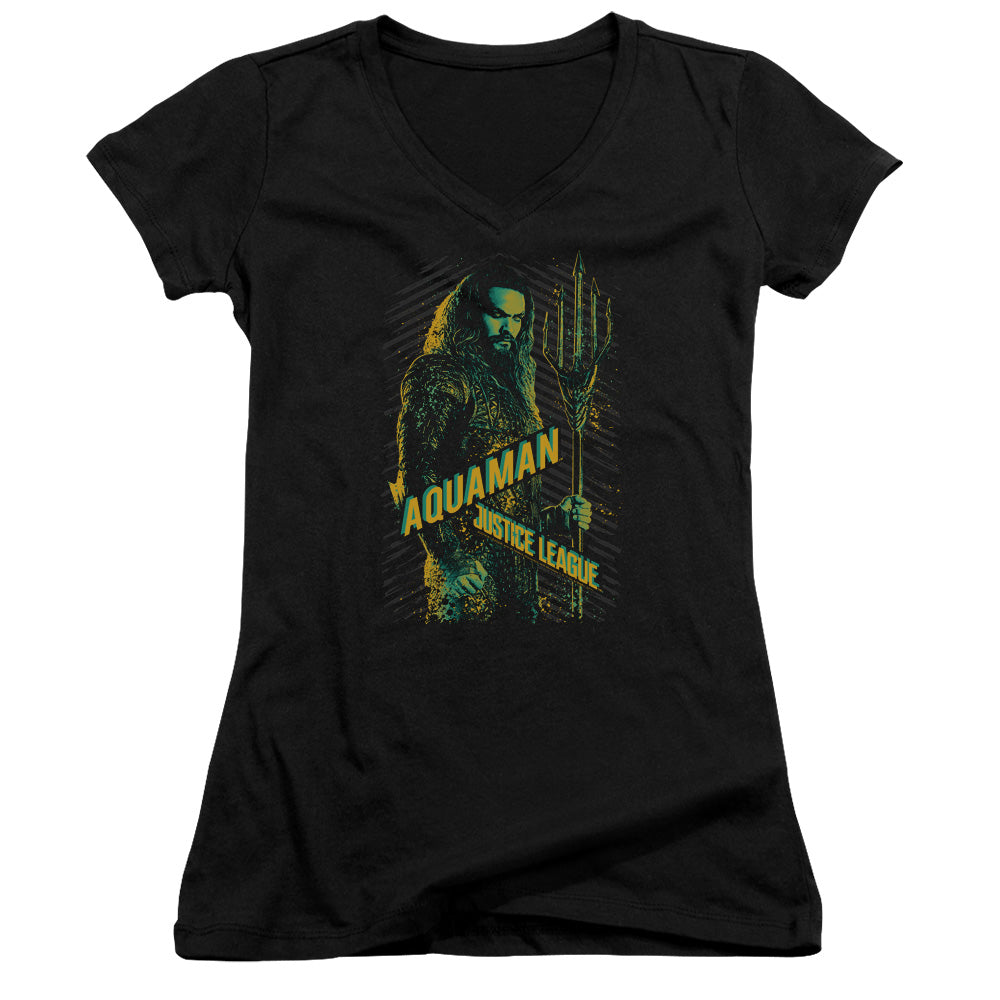 Justice League Movie Aquaman Junior Sheer Cap Sleeve V-Neck Womens T Shirt Black