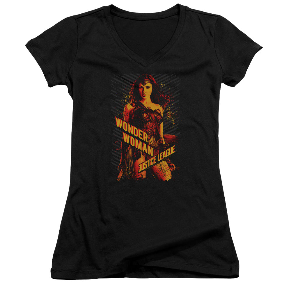 Justice League Movie Wonder Woman Junior Sheer Cap Sleeve V-Neck Womens T Shirt Black