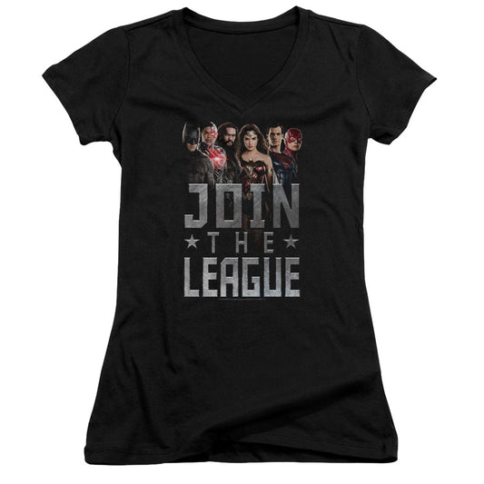 Justice League Movie Join the League Junior Sheer Cap Sleeve V-Neck Womens T Shirt Black