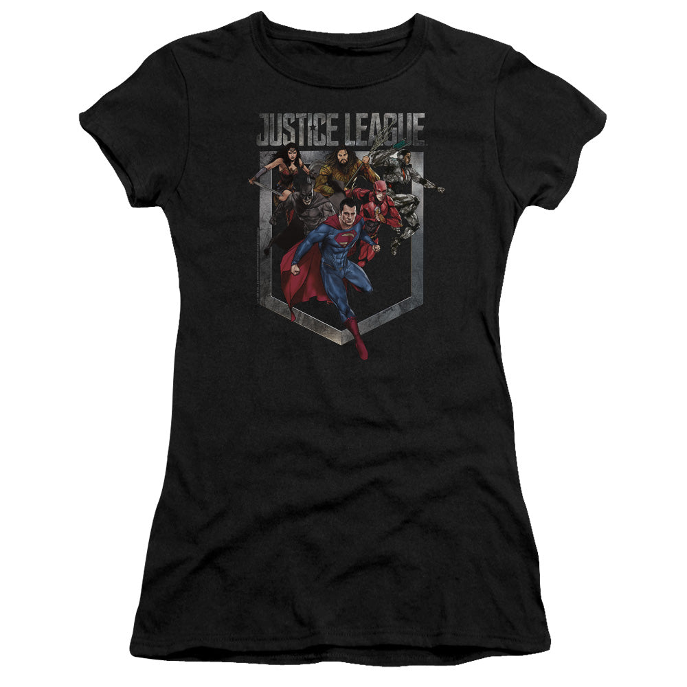 Justice League Movie Charge Junior Sheer Cap Sleeve Womens T Shirt Black