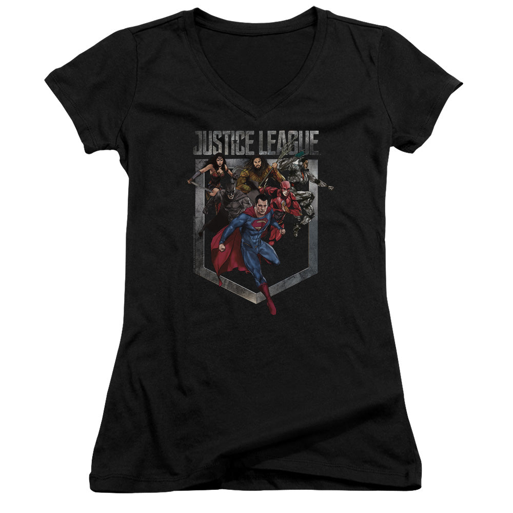 Justice League Movie Charge Junior Sheer Cap Sleeve V-Neck Womens T Shirt Black