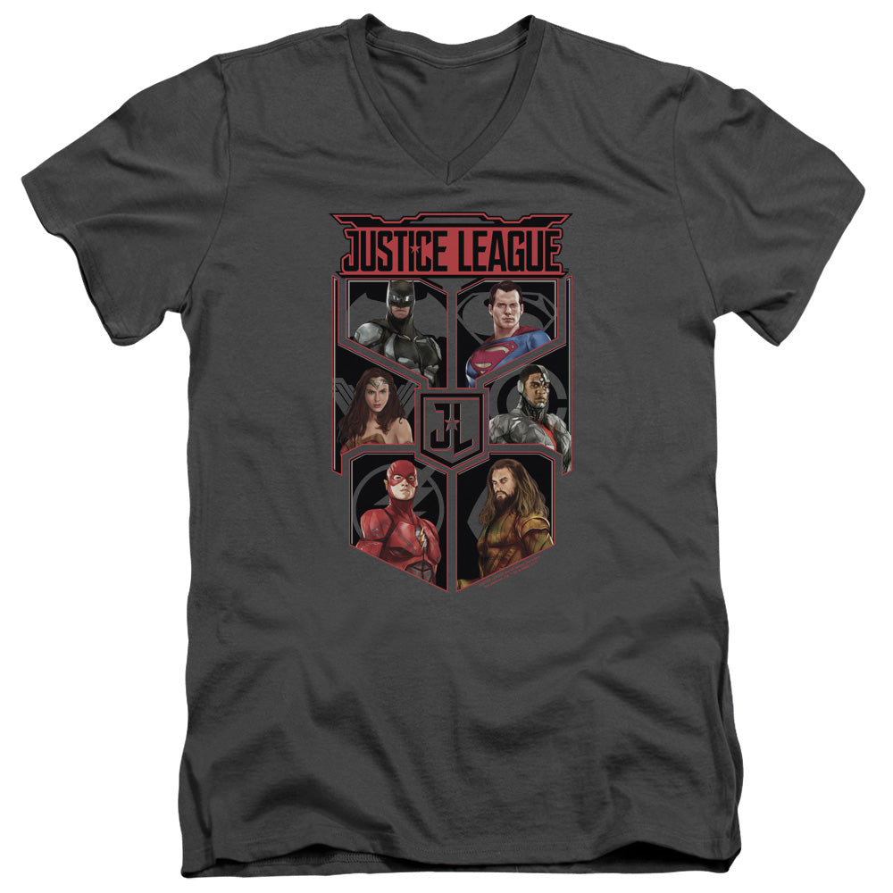 Justice League Movie League of Six Mens Slim Fit V-Neck T Shirt Charcoal