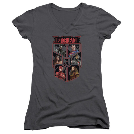 Justice League Movie League of Six Junior Sheer Cap Sleeve V-Neck Womens T Shirt Charcoal