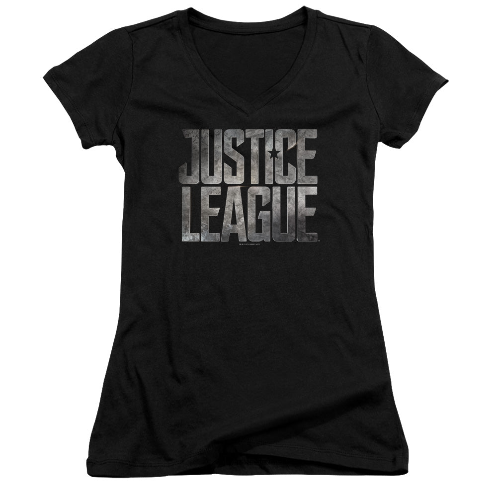 Justice League Movie Metal Logo Junior Sheer Cap Sleeve V-Neck Womens T Shirt Black