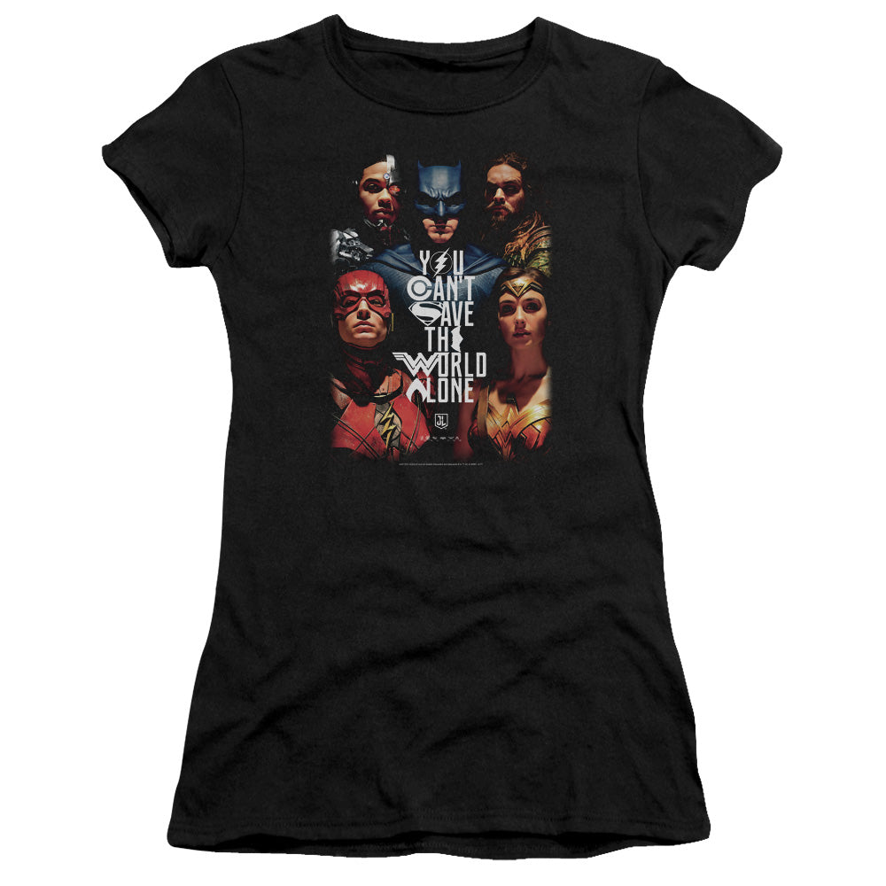 Justice League Movie Save the World Poster Junior Sheer Cap Sleeve Womens T Shirt Black