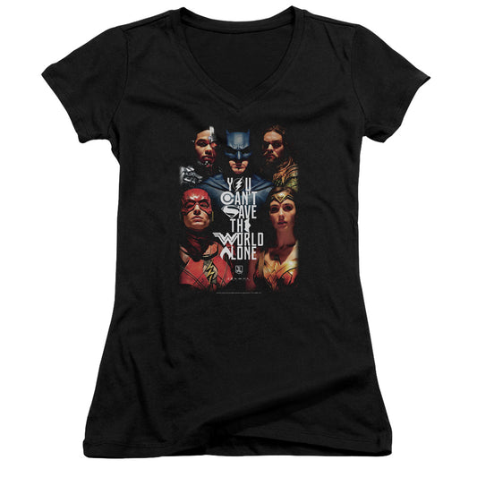 Justice League Movie Save the World Poster Junior Sheer Cap Sleeve V-Neck Womens T Shirt Black