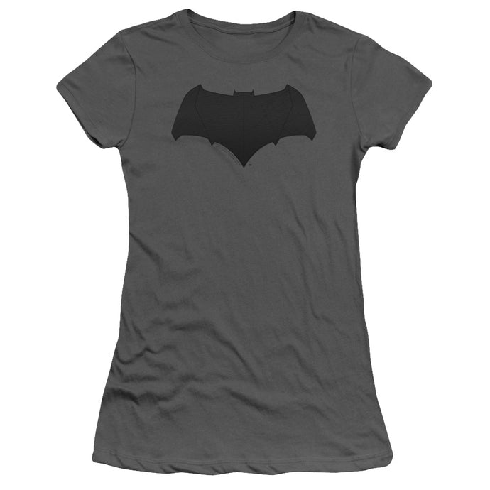 Justice League Movie Batman Logo Junior Sheer Cap Sleeve Womens T Shirt Charcoal