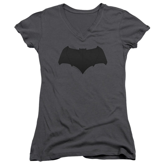 Justice League Movie Batman Logo Junior Sheer Cap Sleeve V-Neck Womens T Shirt Charcoal