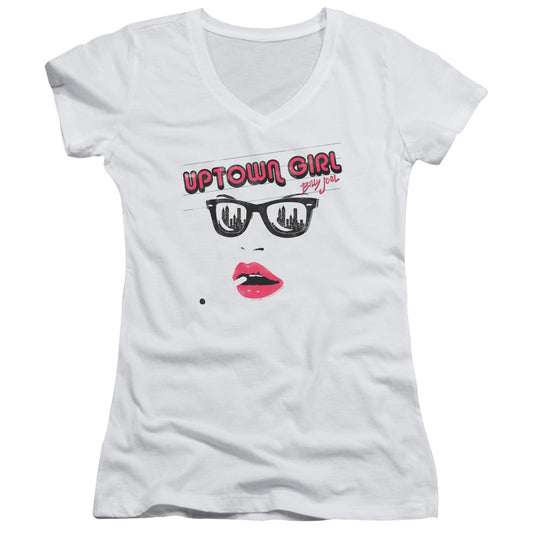 Billy Joel Uptown Girl Junior Sheer Cap Sleeve V-Neck Womens T Shirt White