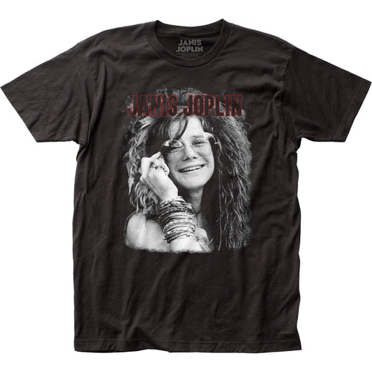 Janis Joplin Smiling With Glasses Mens T Shirt Black