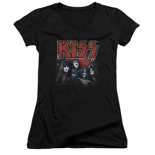 KISS Kings Junior Sheer Cap Sleeve V-Neck Womens T Shirt Black