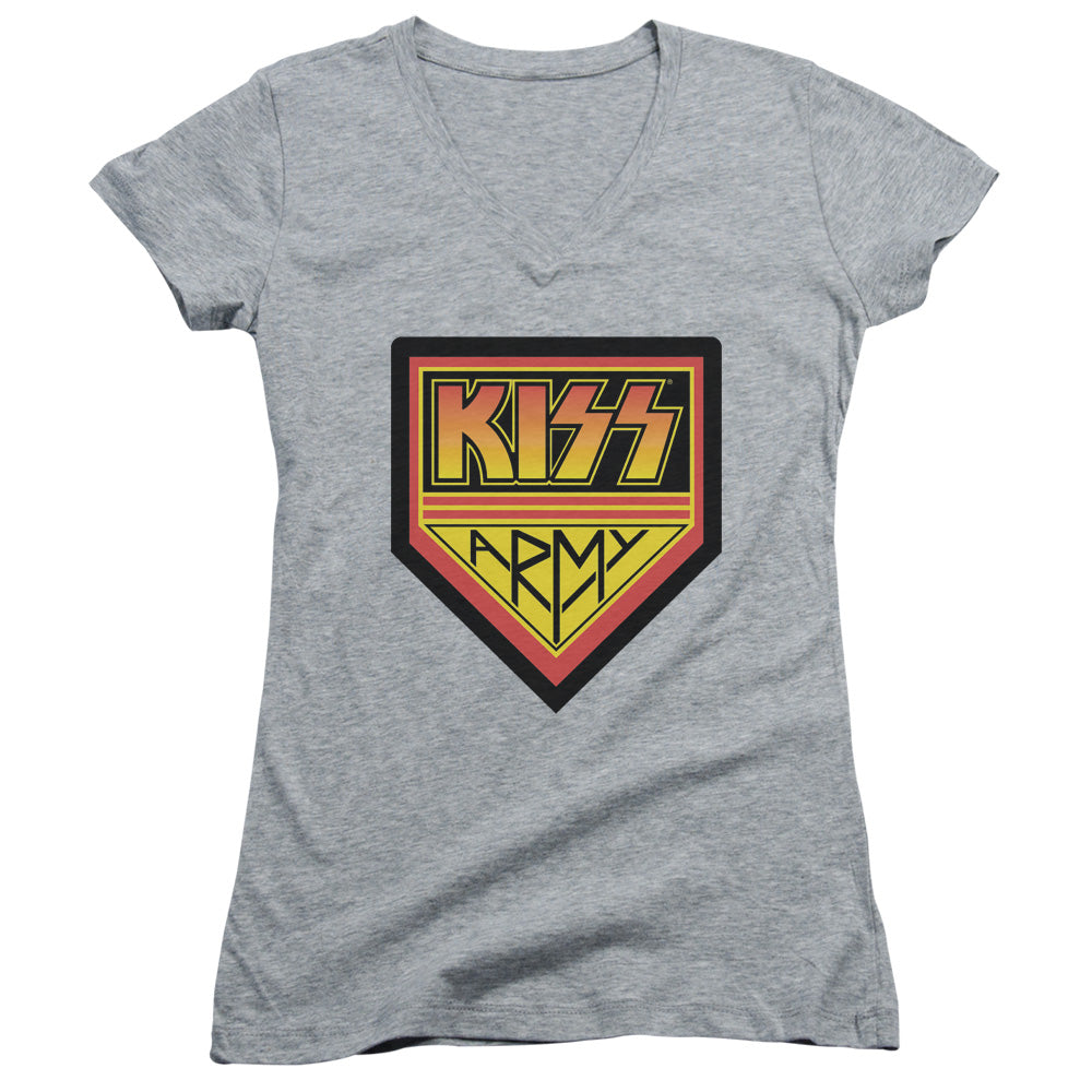 KISS Army Logo Junior Sheer Cap Sleeve V-Neck Womens T Shirt Athletic Heather