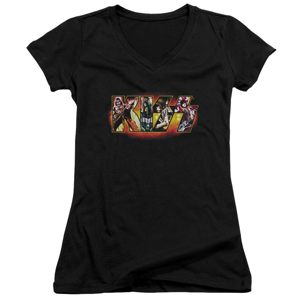 KISS Stage Logo Junior Sheer Cap Sleeve V-Neck Womens T Shirt Black