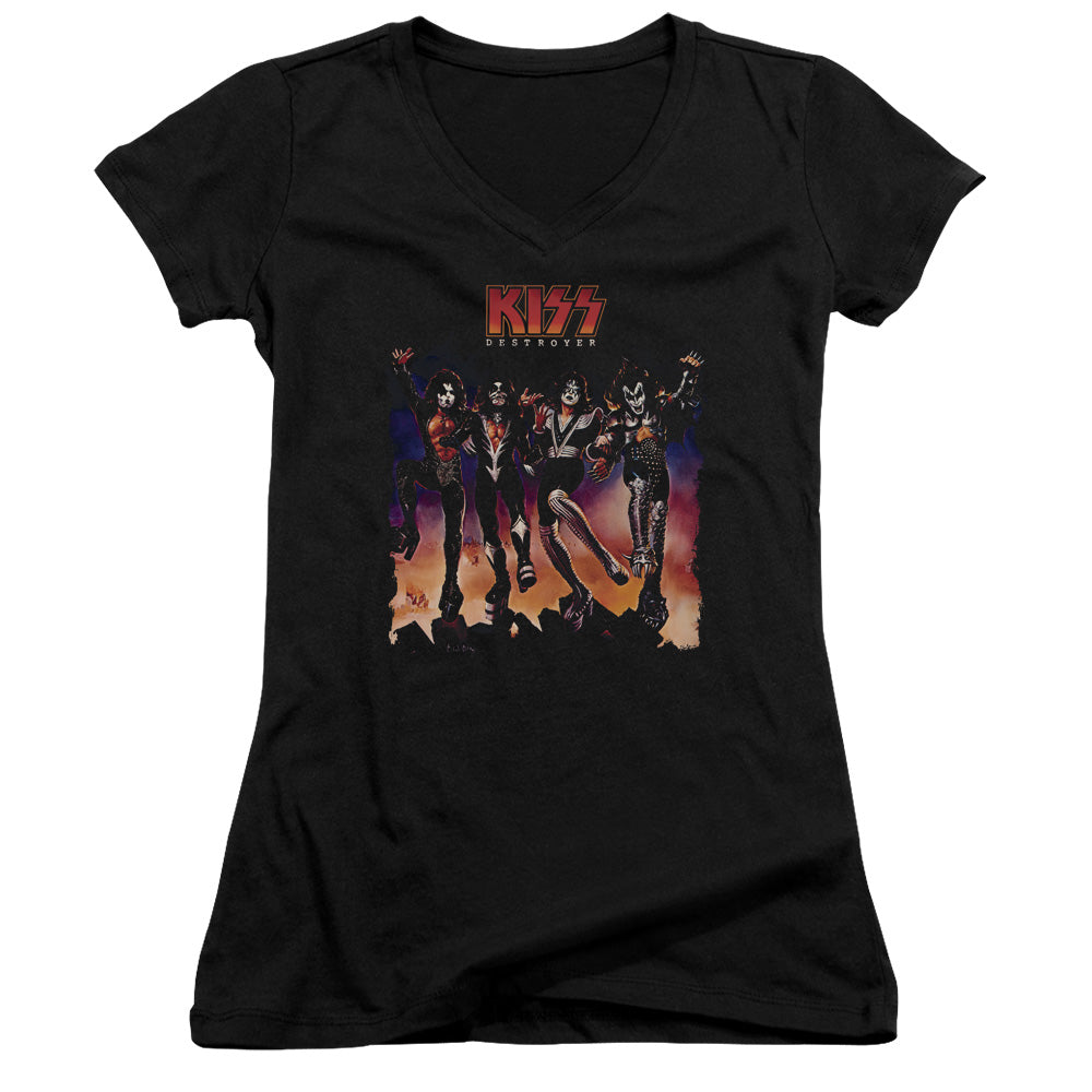 KISS Destroyer Cover Junior Sheer Cap Sleeve V-Neck Womens T Shirt Black