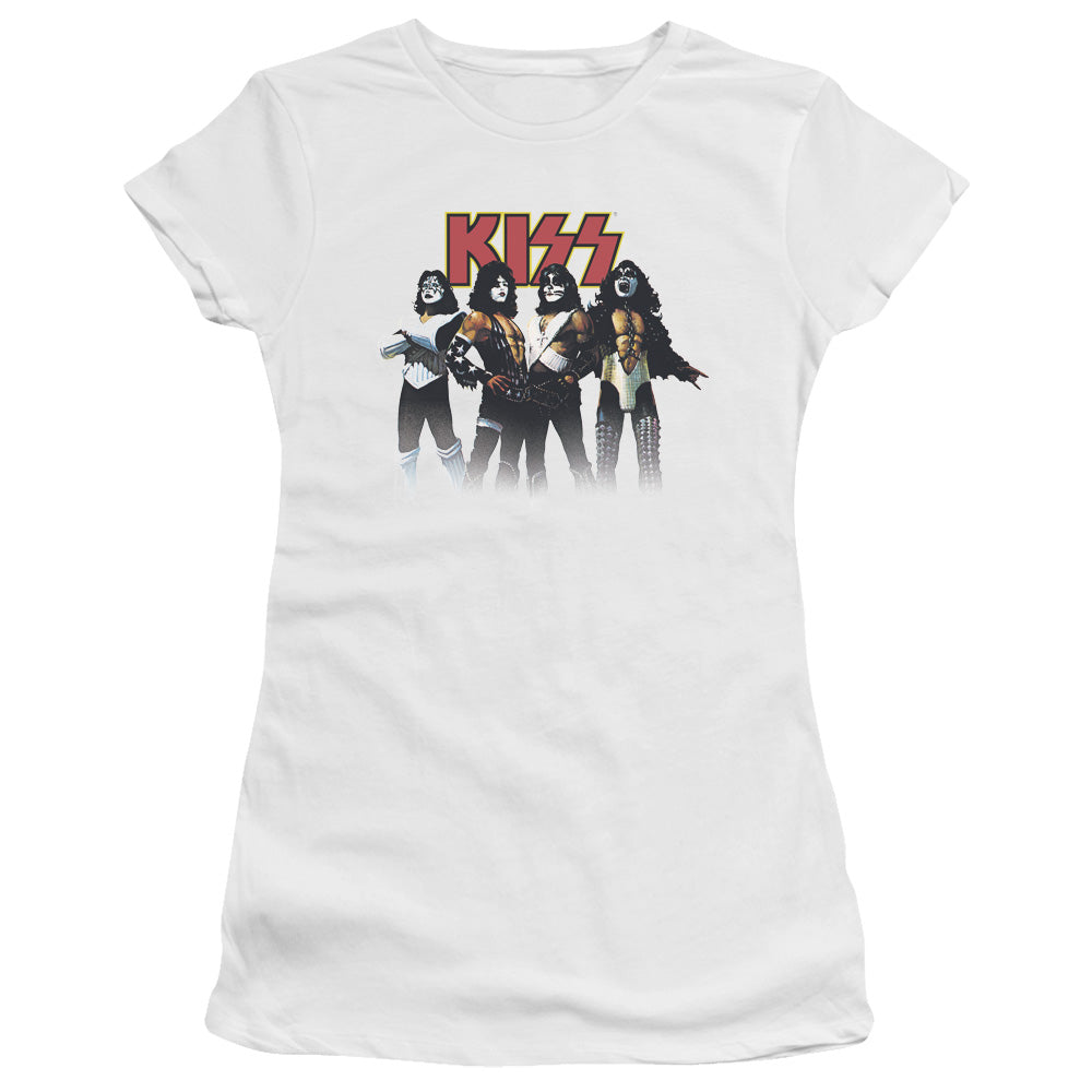 KISS Throwback Pose Junior Sheer Cap Sleeve Womens T Shirt White