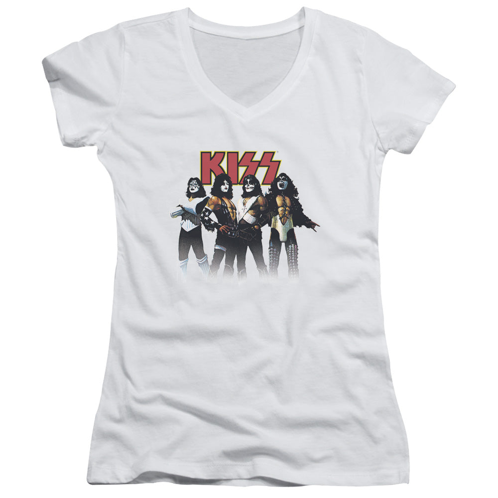 KISS Throwback Pose Junior Sheer Cap Sleeve V-Neck Womens T Shirt White