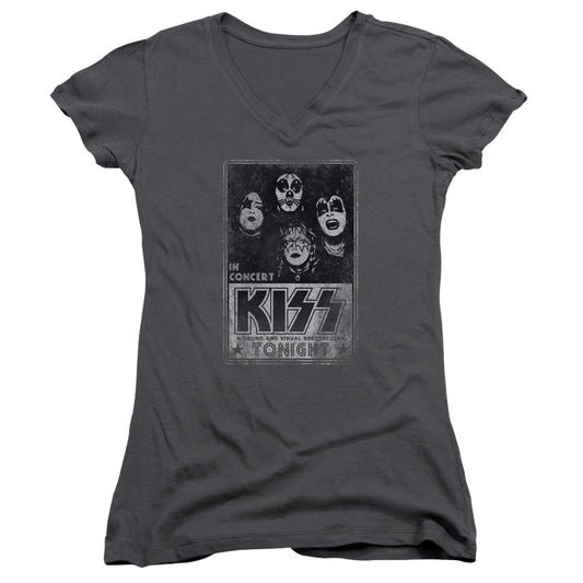 KISS Live Junior Sheer Cap Sleeve V-Neck Womens T Shirt Charcoal