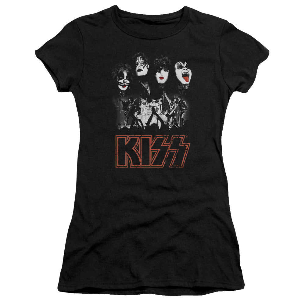 KISS Rock The House Junior Sheer Cap Sleeve Womens T Shirt Black