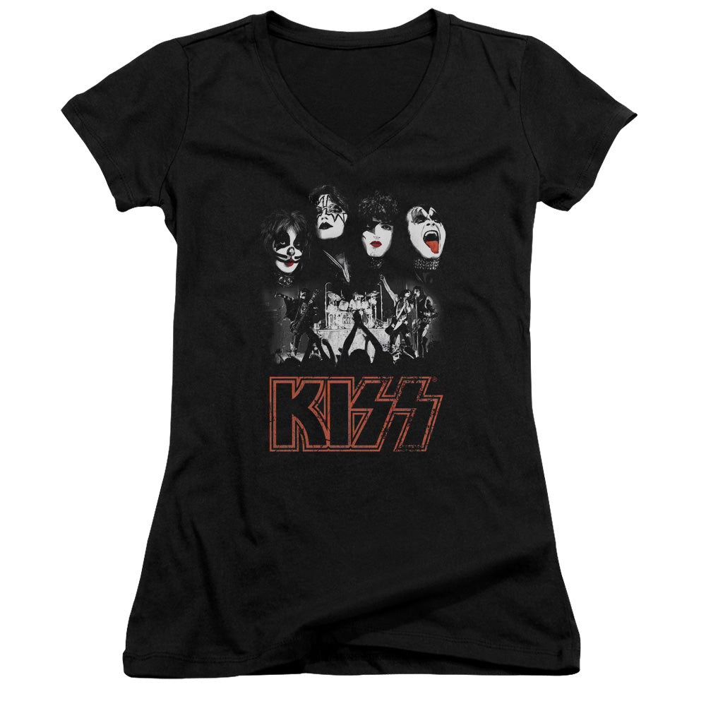 KISS Rock The House Junior Sheer Cap Sleeve V-Neck Womens T Shirt Black