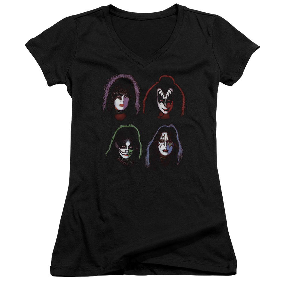 KISS Solo Heads Junior Sheer Cap Sleeve V-Neck Womens T Shirt Black