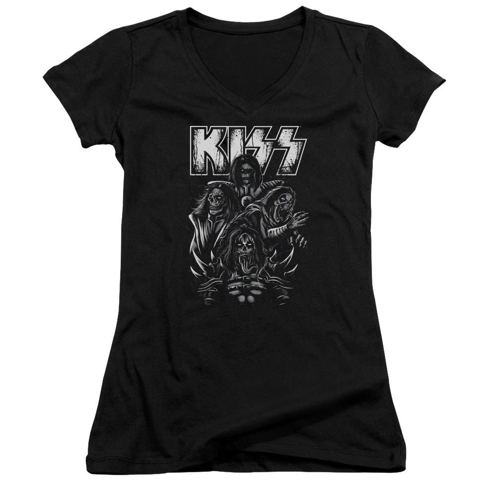 KISS Skull Junior Sheer Cap Sleeve V-Neck Womens T Shirt Black