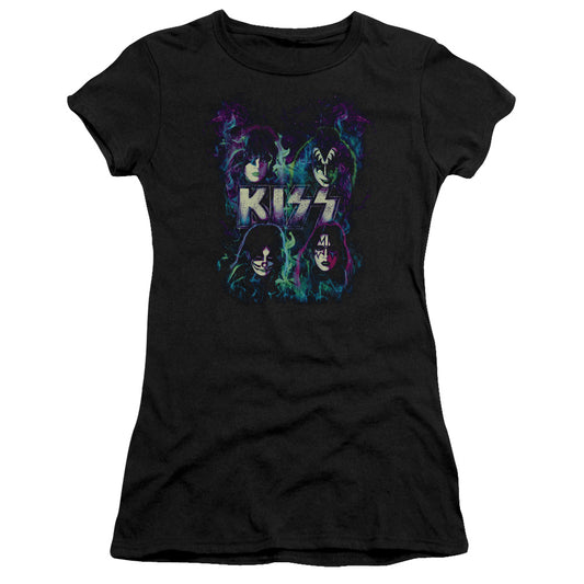 KISS Colorful Fire Junior Sheer Cap Sleeve Womens T Shirt Black