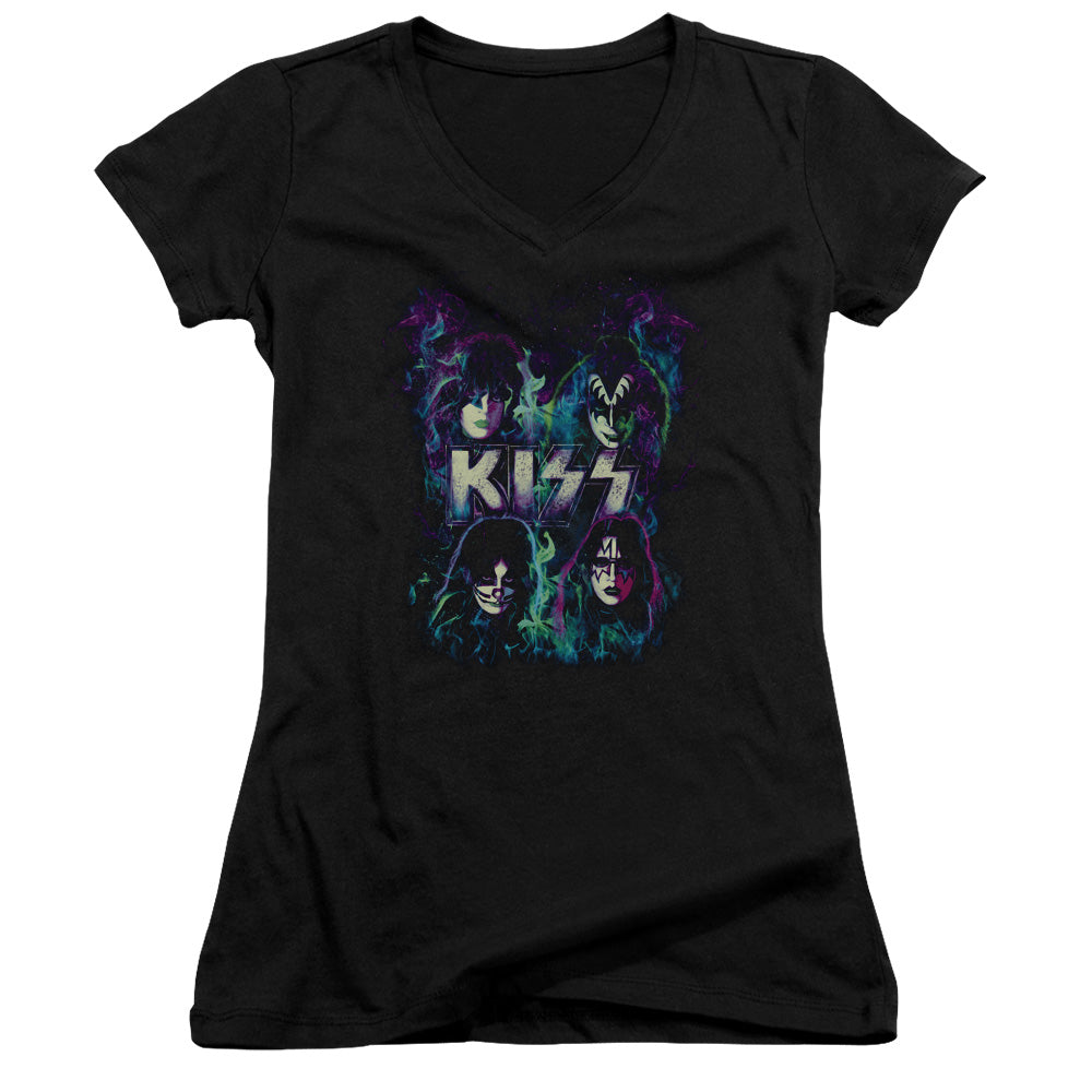 KISS Colorful Fire Junior Sheer Cap Sleeve V-Neck Womens T Shirt Black