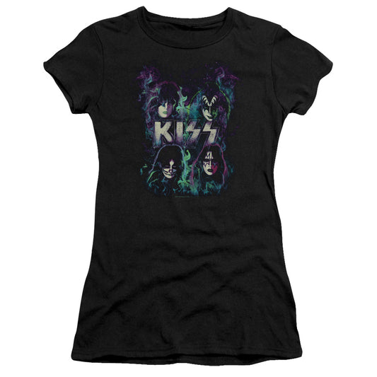 KISS Colorful Fire Junior Sheer Cap Sleeve Premium Bella Canvas Womens T Shirt Black