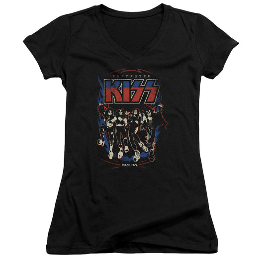 KISS Destroyer Junior Sheer Cap Sleeve V-Neck Womens T Shirt Black