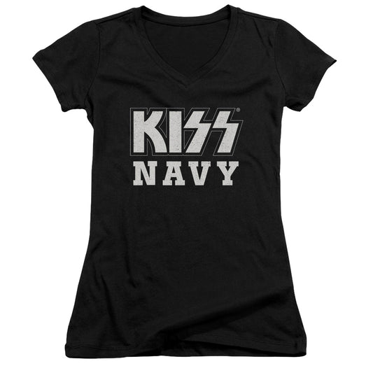 KISS Navy Block Junior Sheer Cap Sleeve V-Neck Womens T Shirt Black